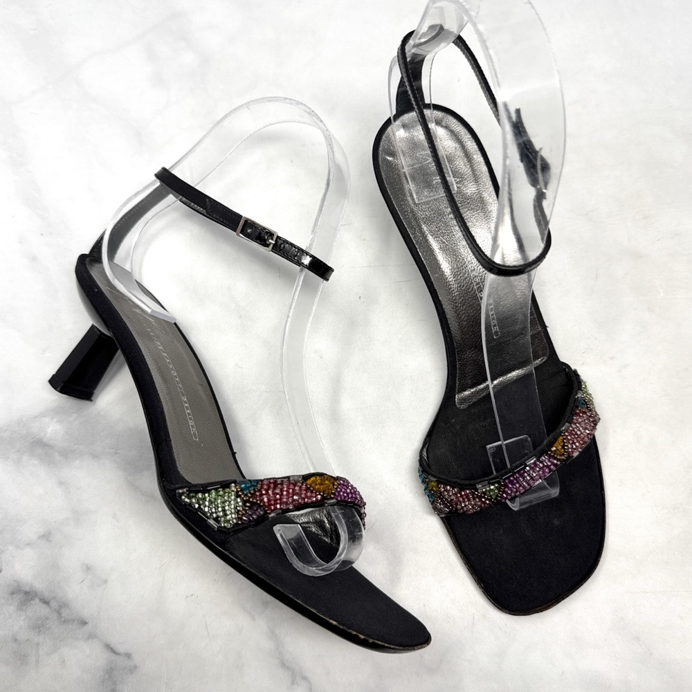 Giuseppe Zanotti Vicini Vintage 90s Y2K Beaded Ankle Strap Kitten Heels Black 37
